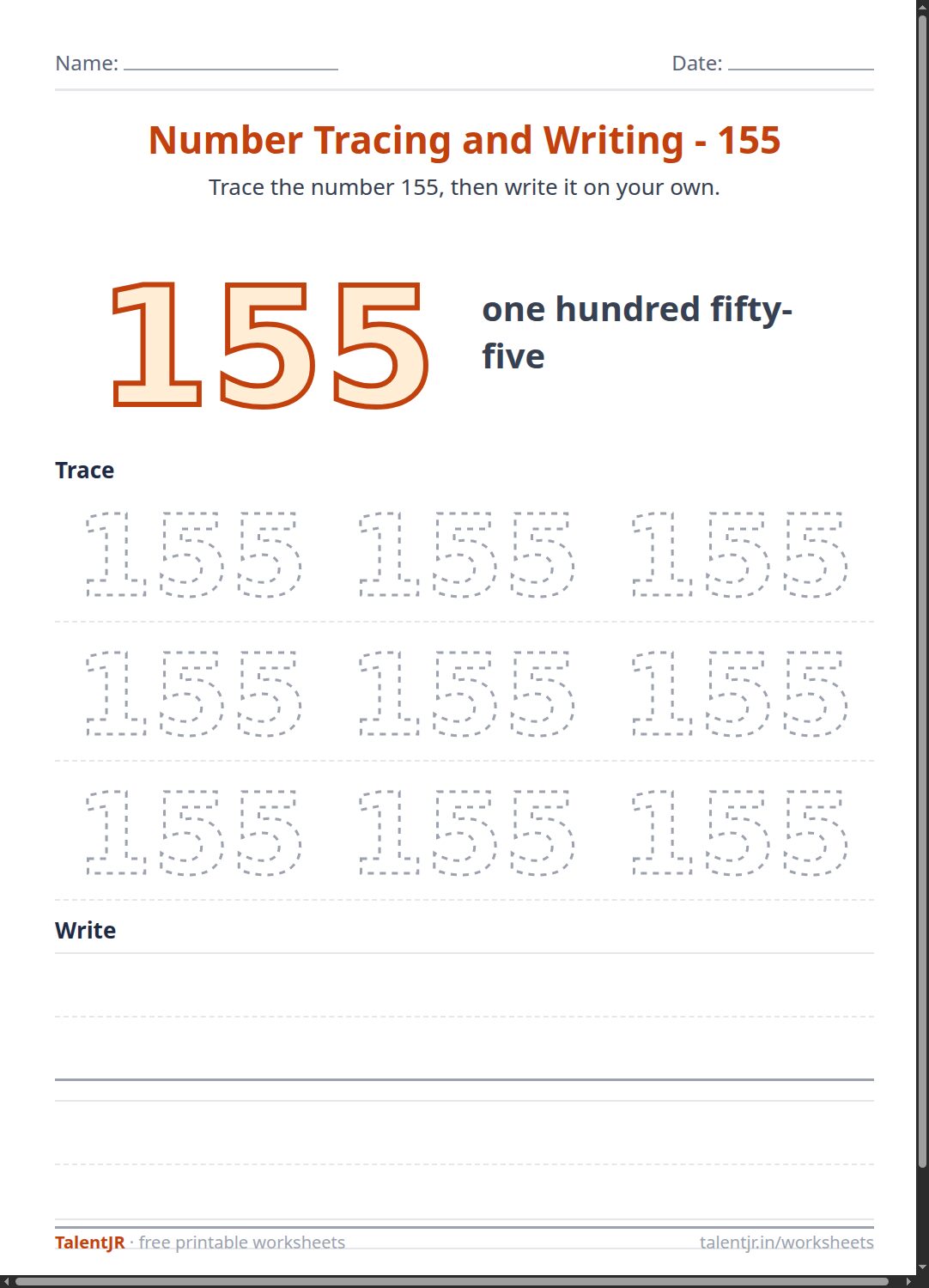 Math Worksheet: Number Tracing and Writing - 155 Worksheet