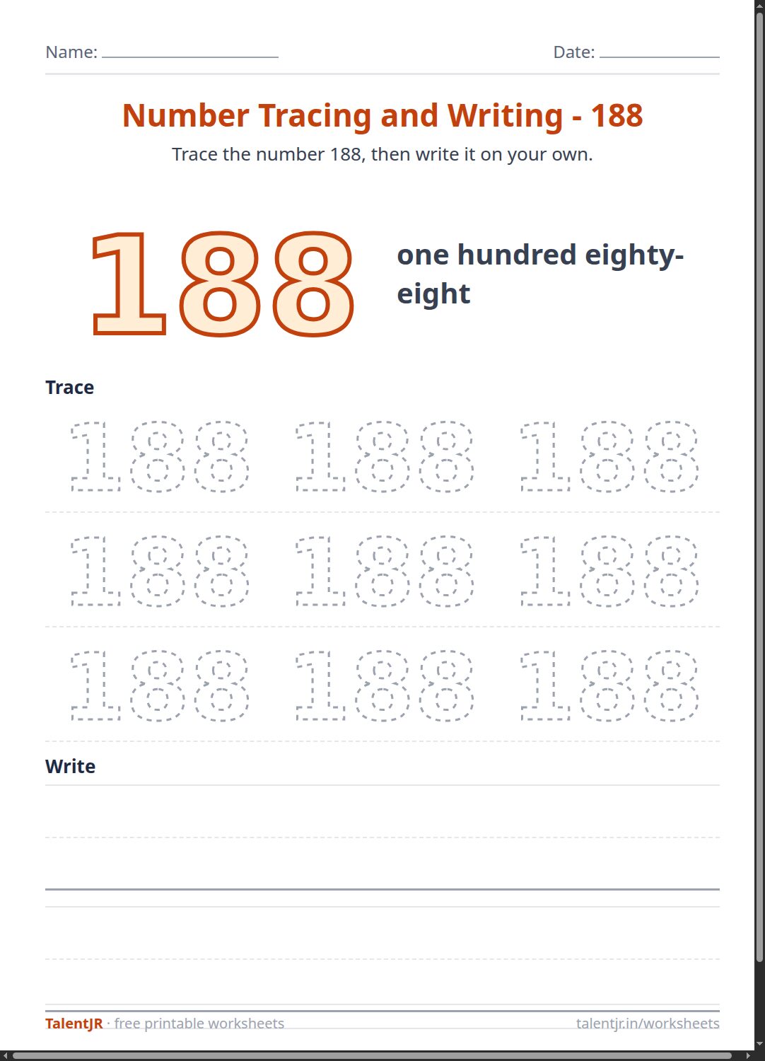 Math Worksheet: Number Tracing and Writing - 188 Worksheet