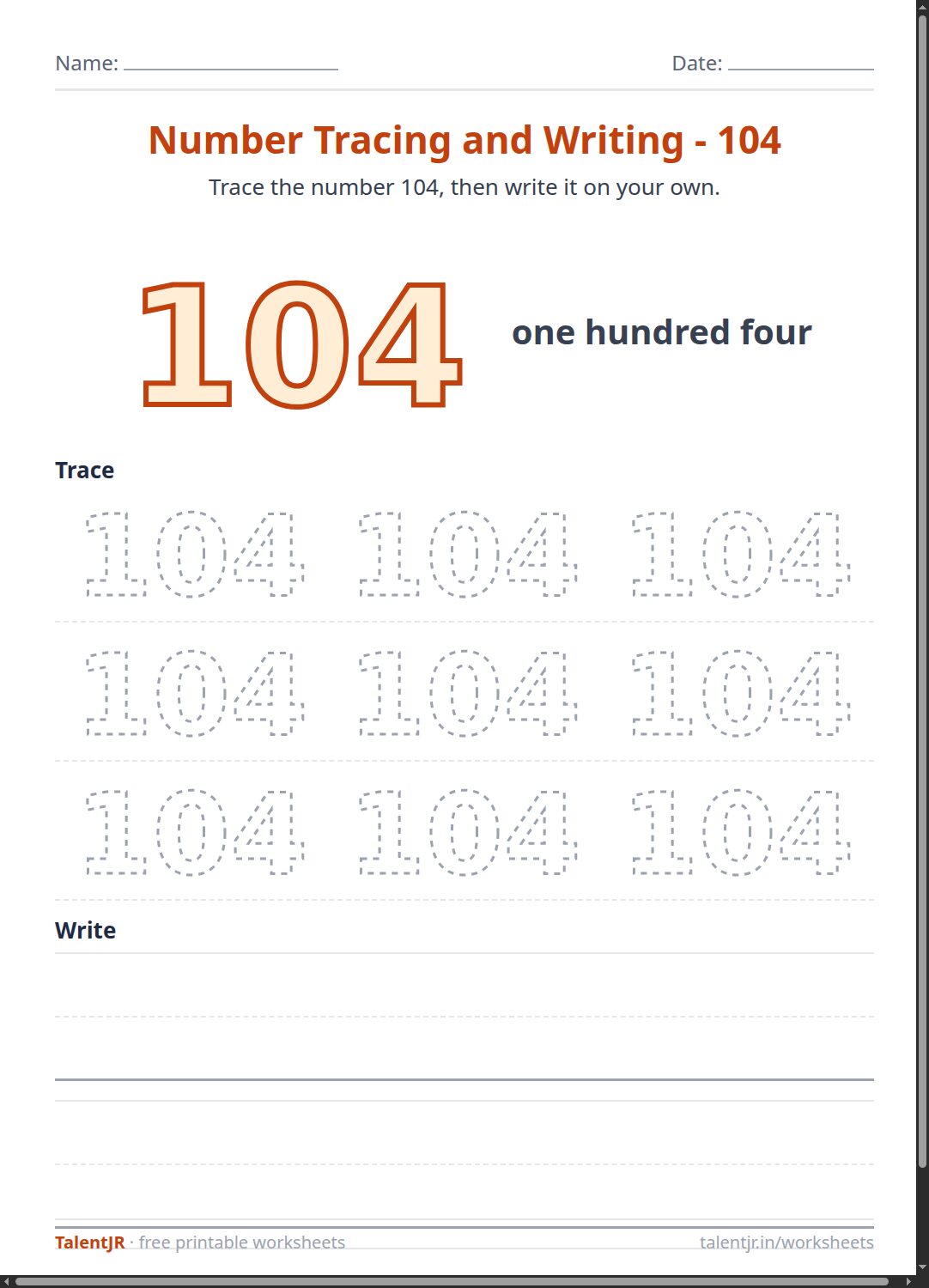 Math Worksheet: Number Tracing and Writing - 104 Worksheet