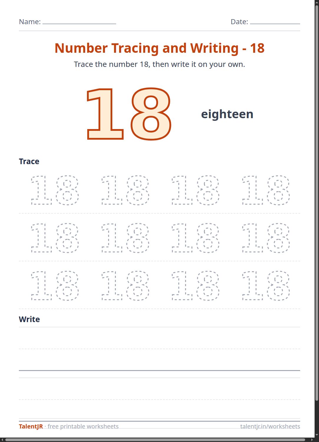 Math Worksheet: Number Tracing and Writing - 18 Worksheet