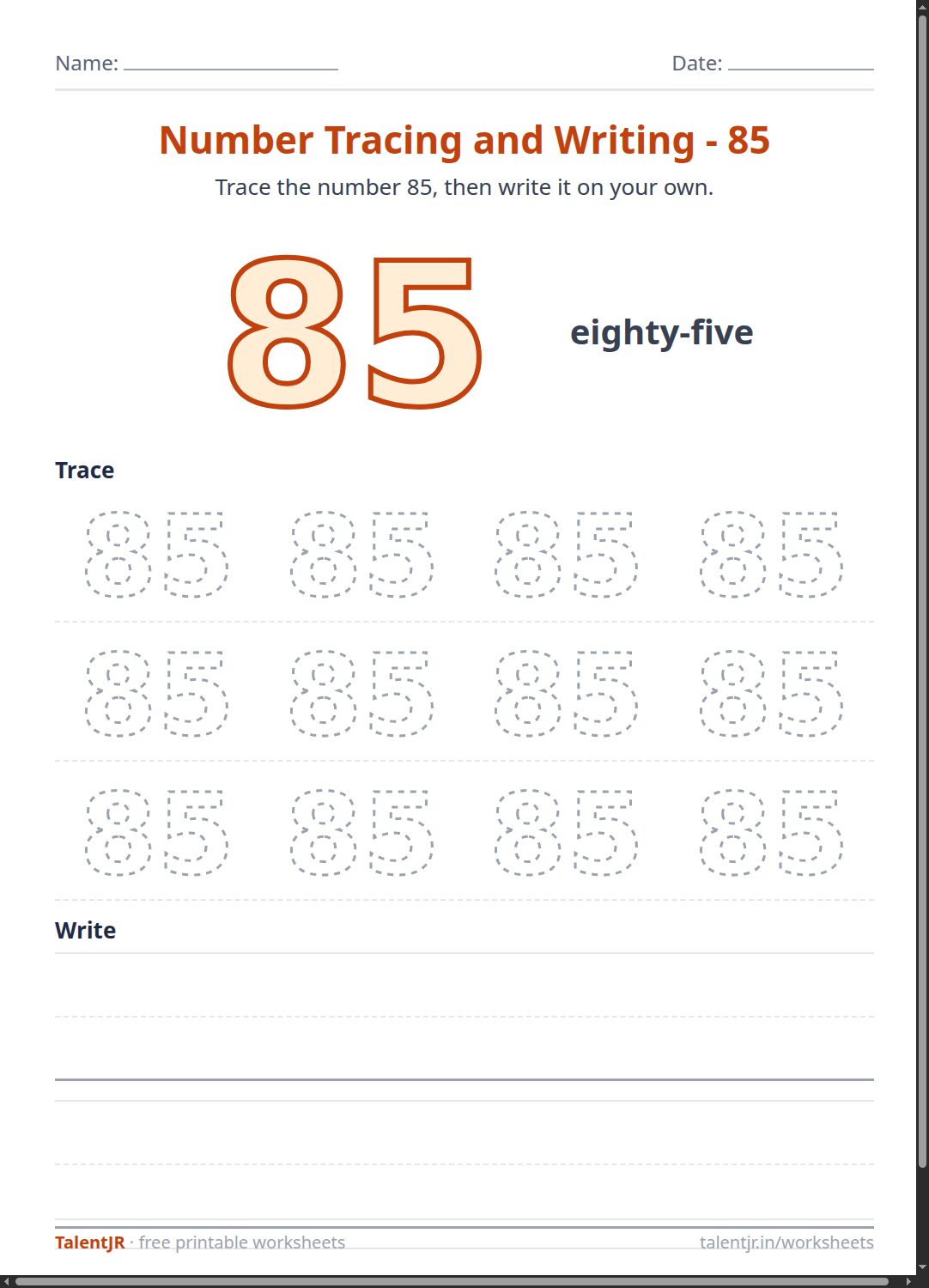 Math Worksheet: Number Tracing and Writing - 85 Worksheet