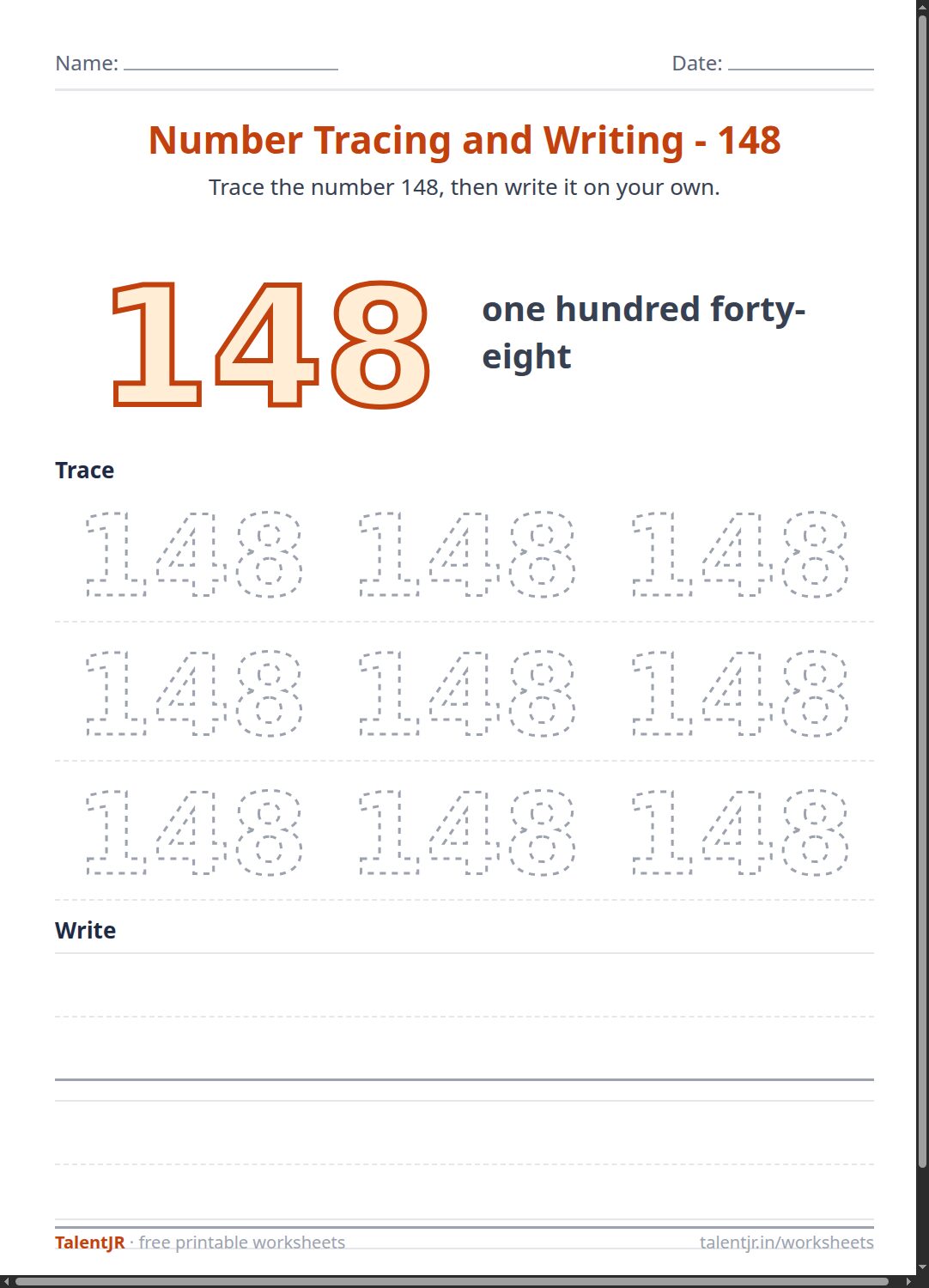 Math Worksheet: Number Tracing and Writing - 148 Worksheet