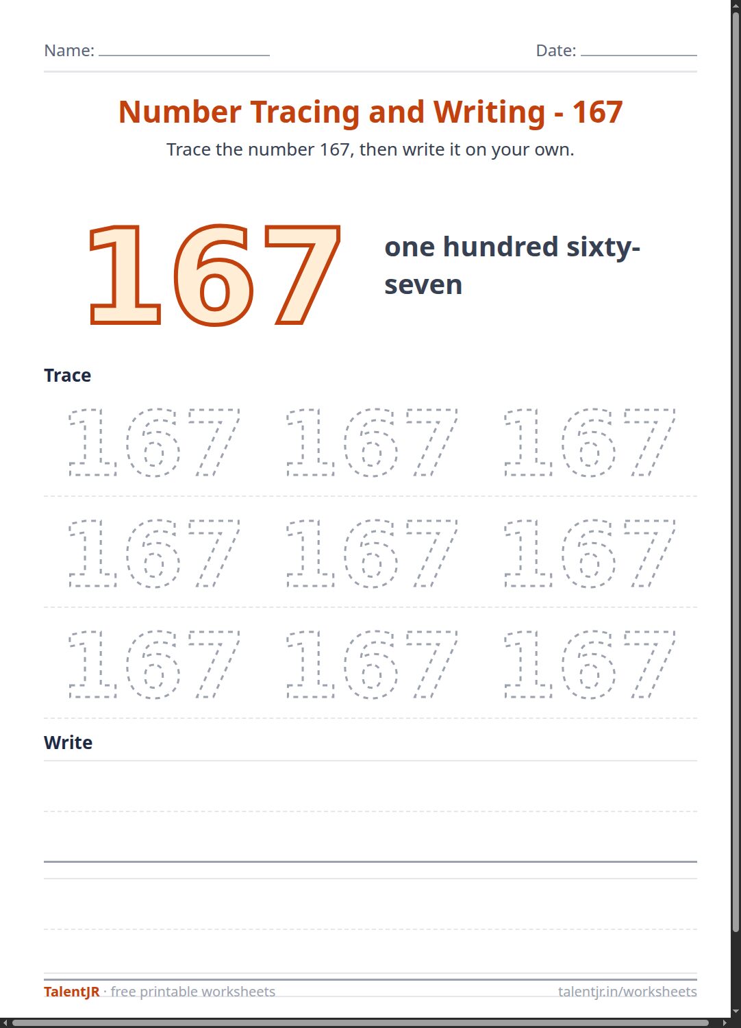 Math Worksheet: Number Tracing and Writing - 167 Worksheet