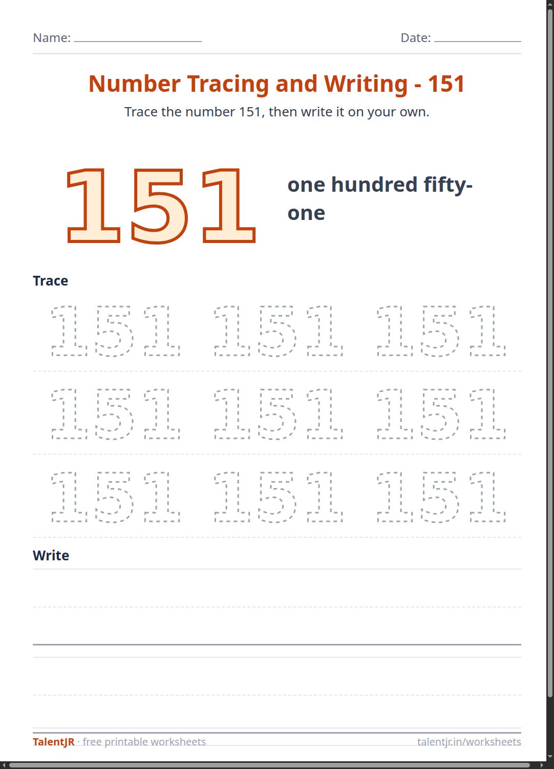 Math Worksheet: Number Tracing and Writing - 151 Worksheet