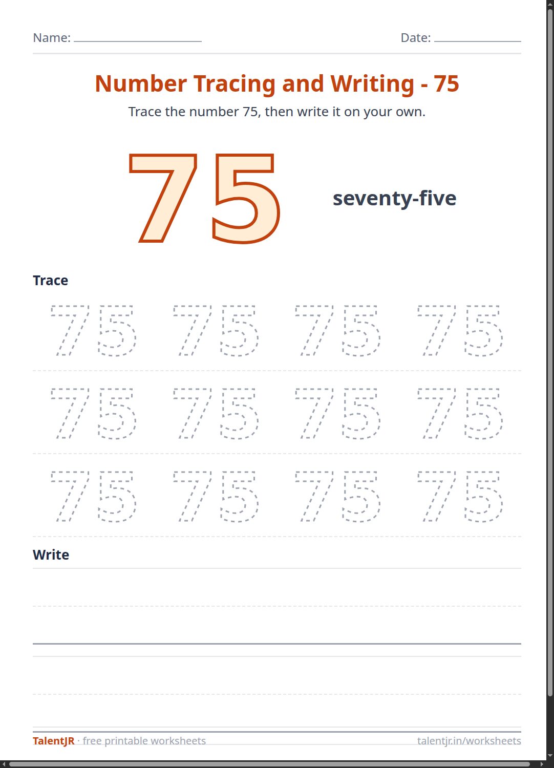 Math Worksheet: Number Tracing and Writing - 75 Worksheet