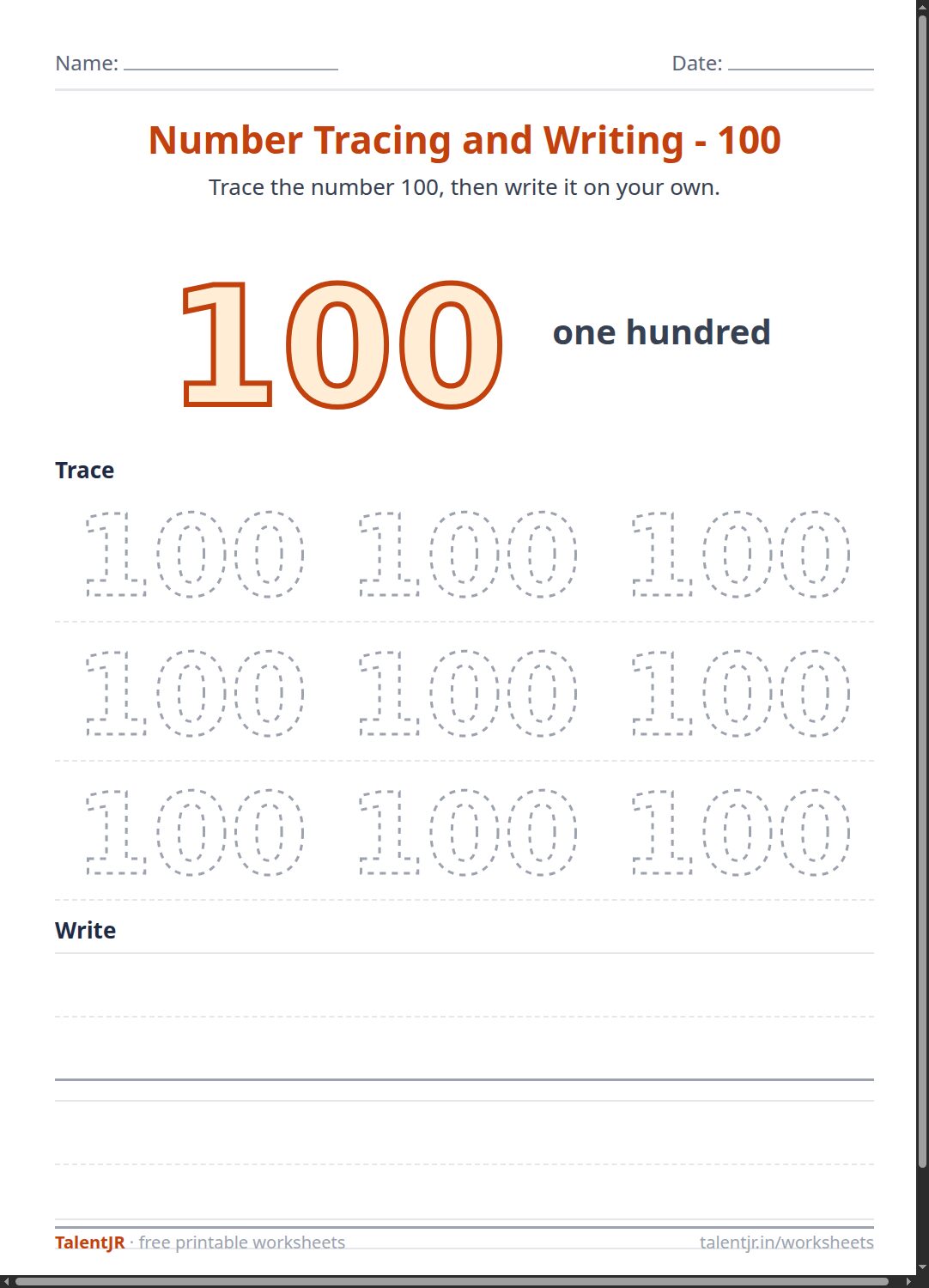 Math Worksheet: Number Tracing and Writing - 100 Worksheet