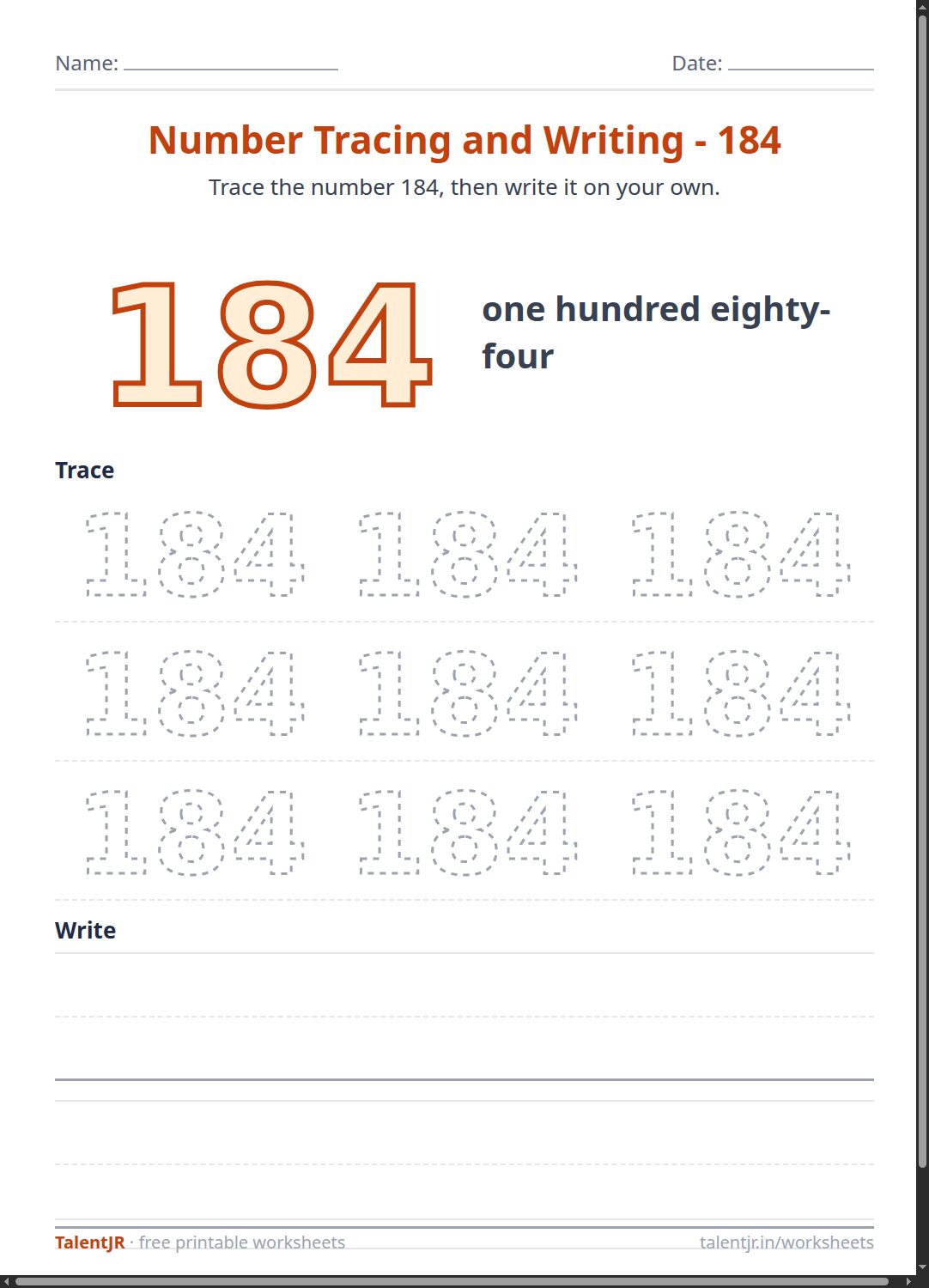 Math Worksheet: Number Tracing and Writing - 184 Worksheet