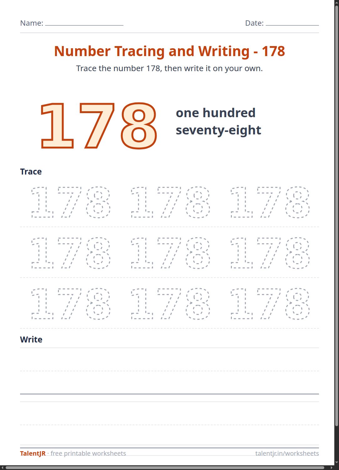 Math Worksheet: Number Tracing and Writing - 178 Worksheet