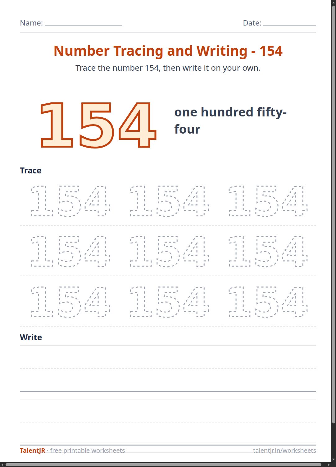 Math Worksheet: Number Tracing and Writing - 154 Worksheet