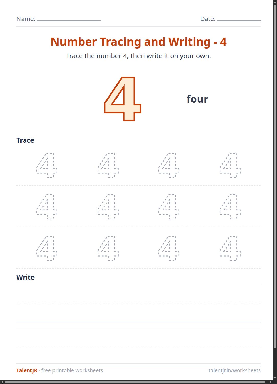 Math Worksheet: Number Tracing and Writing - 4 Worksheet
