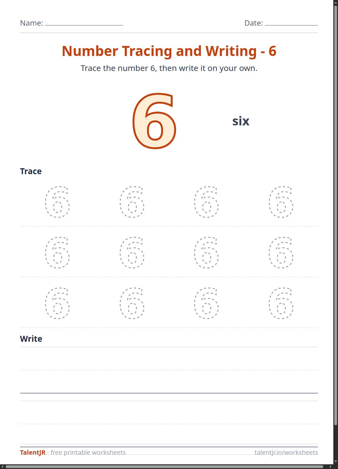 Math Worksheet: Number Tracing and Writing - 6 Worksheet