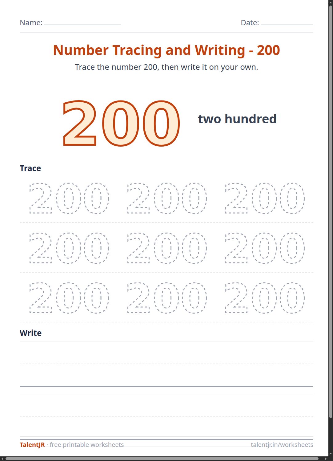 Math Worksheet: Number Tracing and Writing - 200 Worksheet