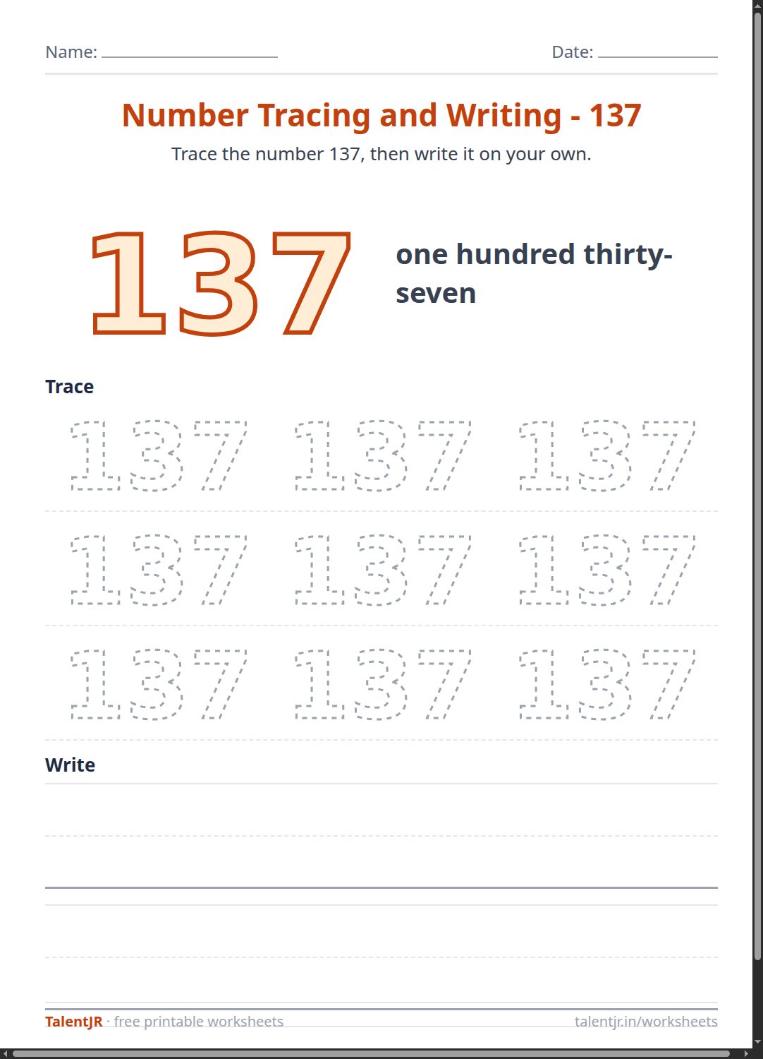 Math Worksheet: Number Tracing and Writing - 137 Worksheet