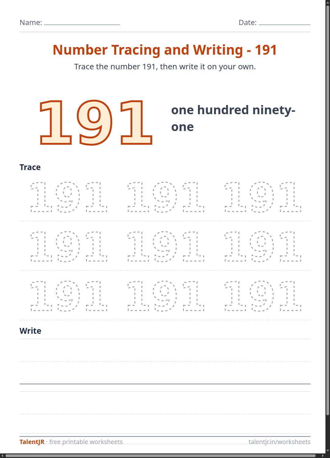 Math Worksheet: Number Tracing and Writing - 191 Worksheet