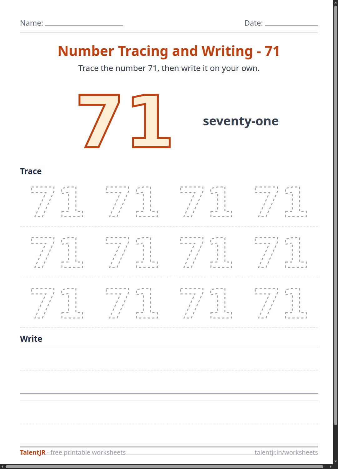 Math Worksheet: Number Tracing and Writing - 71 Worksheet