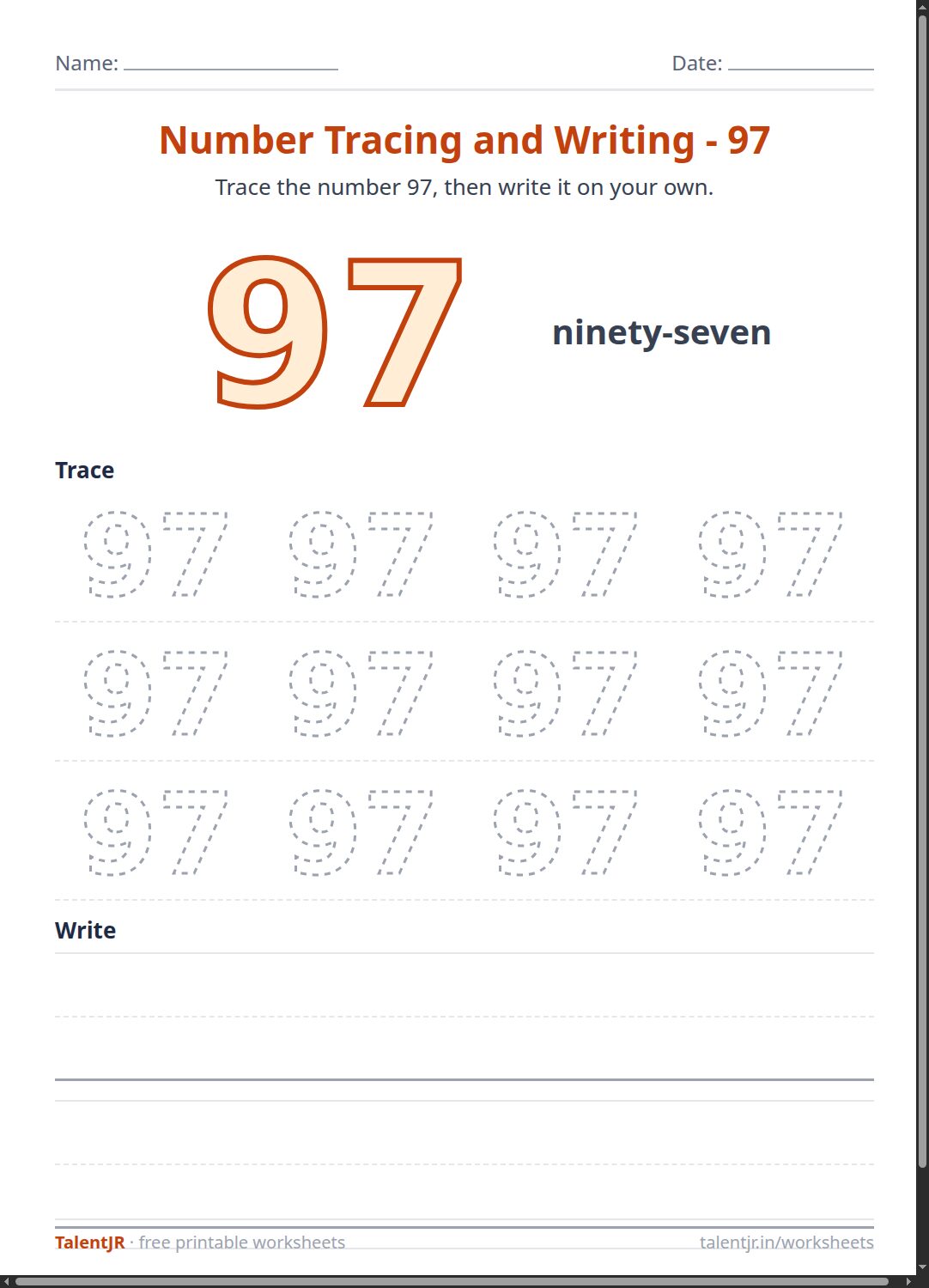 Math Worksheet: Number Tracing and Writing - 97 Worksheet