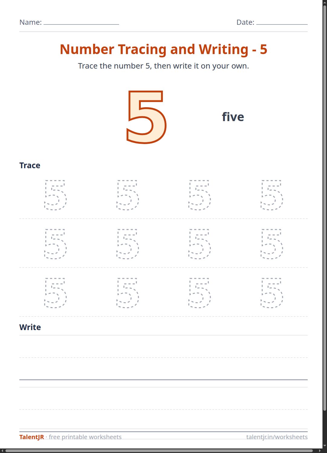 Math Worksheet: Number Tracing and Writing - 5 Worksheet