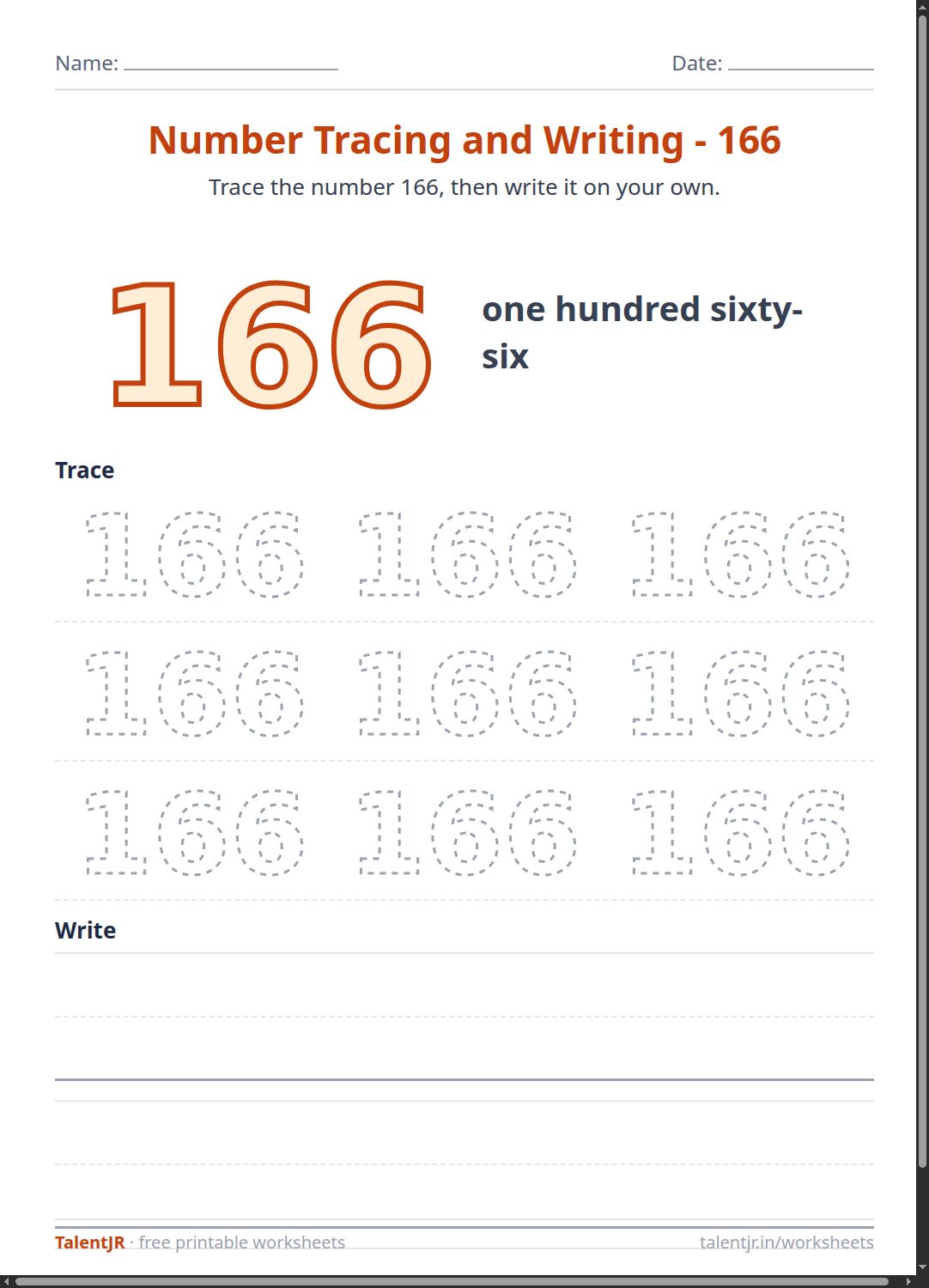 Math Worksheet: Number Tracing and Writing - 166 Worksheet