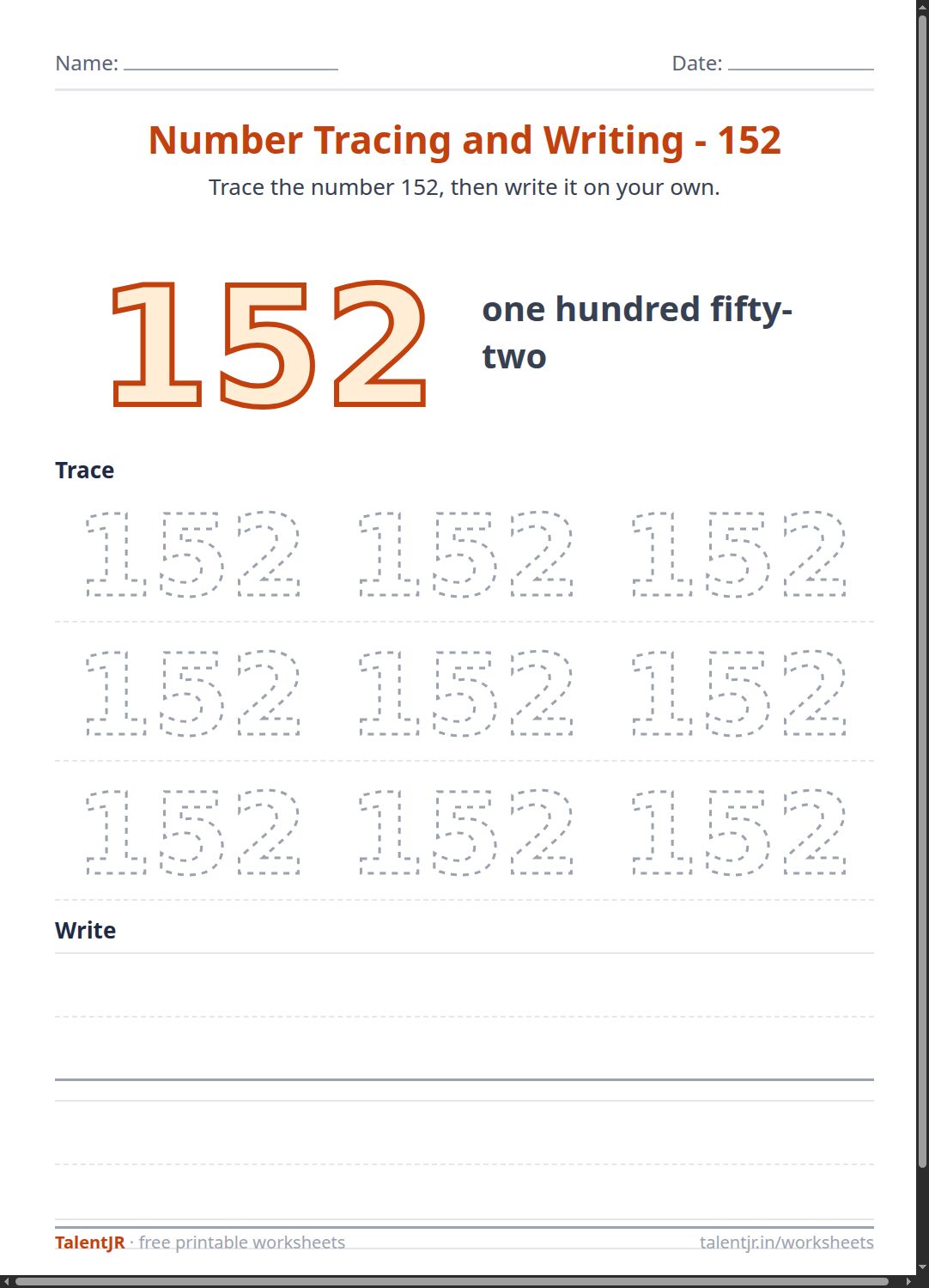 Math Worksheet: Number Tracing and Writing - 152 Worksheet