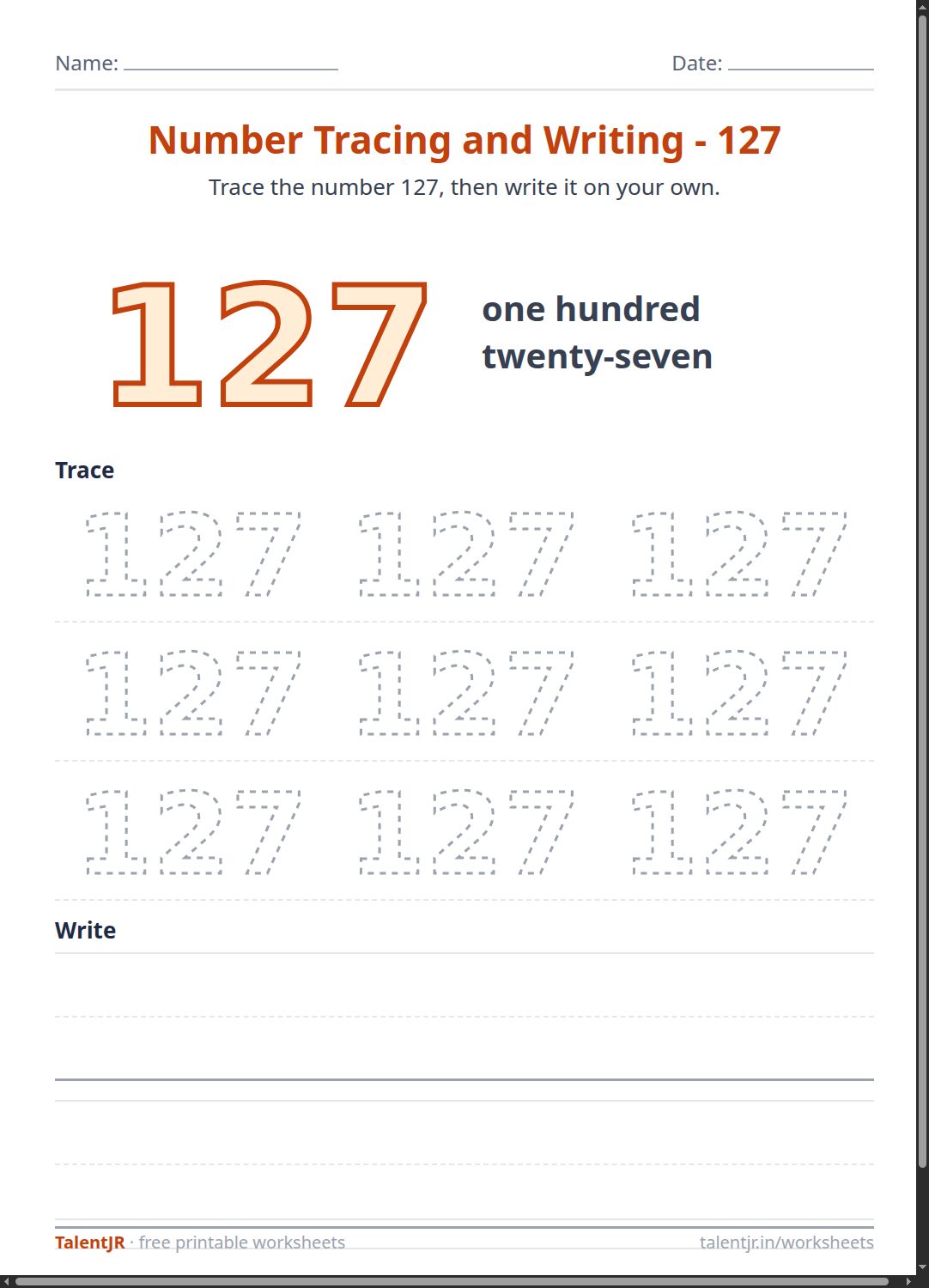 Math Worksheet: Number Tracing and Writing - 127 Worksheet