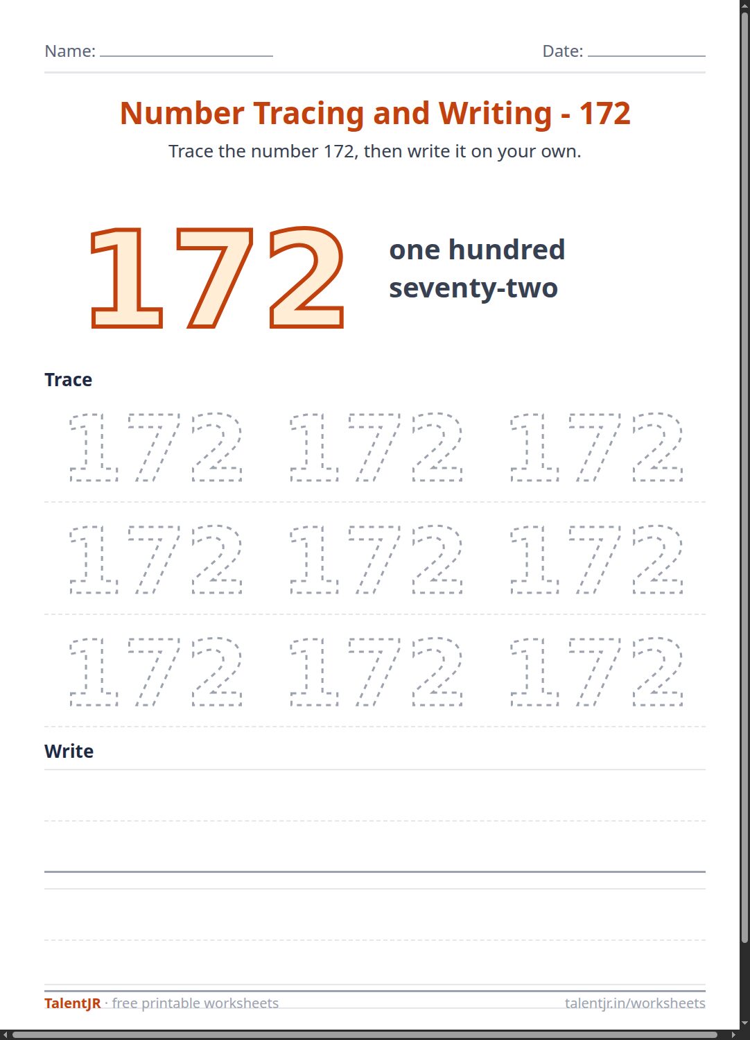 Math Worksheet: Number Tracing and Writing - 172 Worksheet