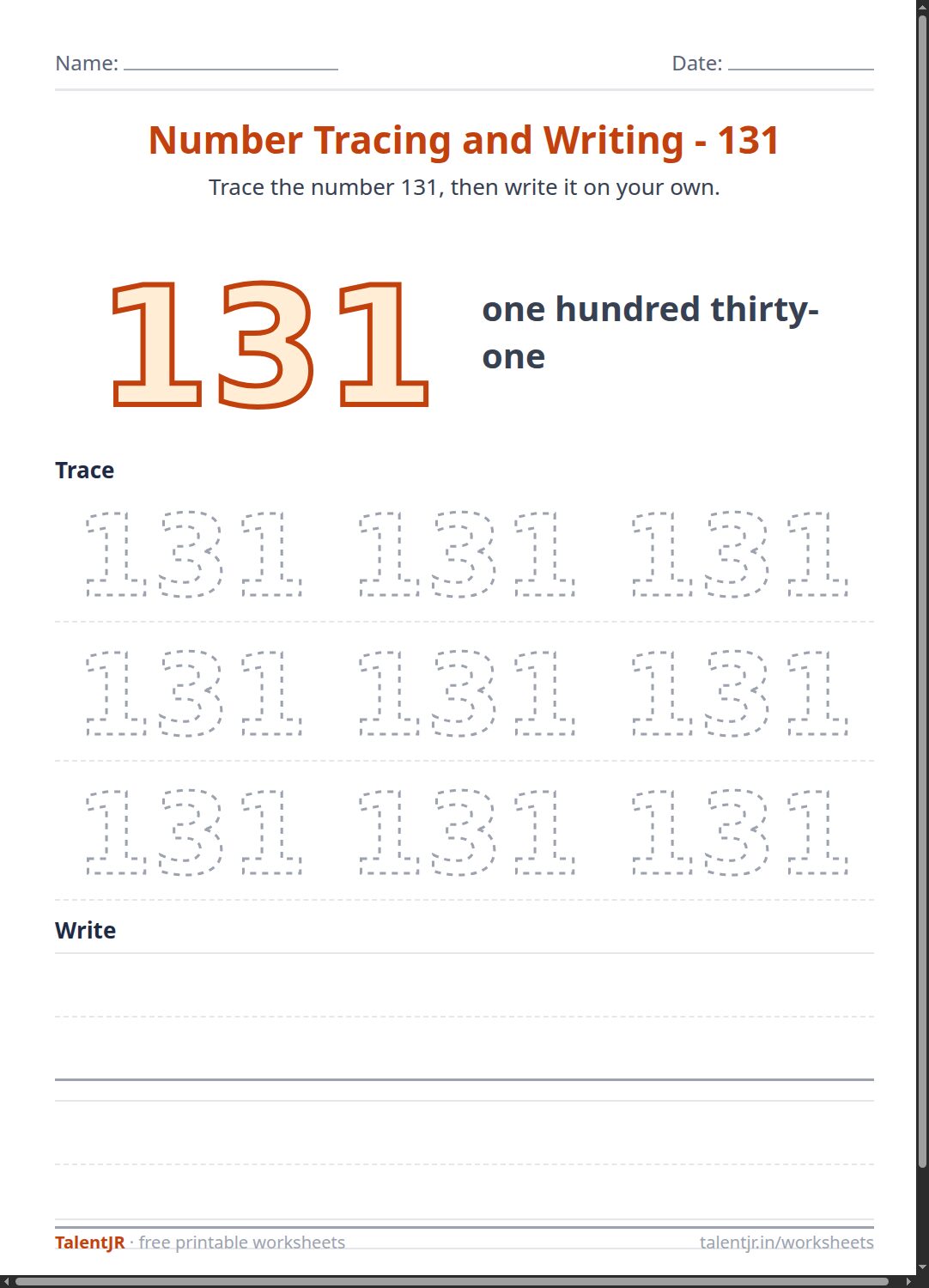 Math Worksheet: Number Tracing and Writing - 131 Worksheet