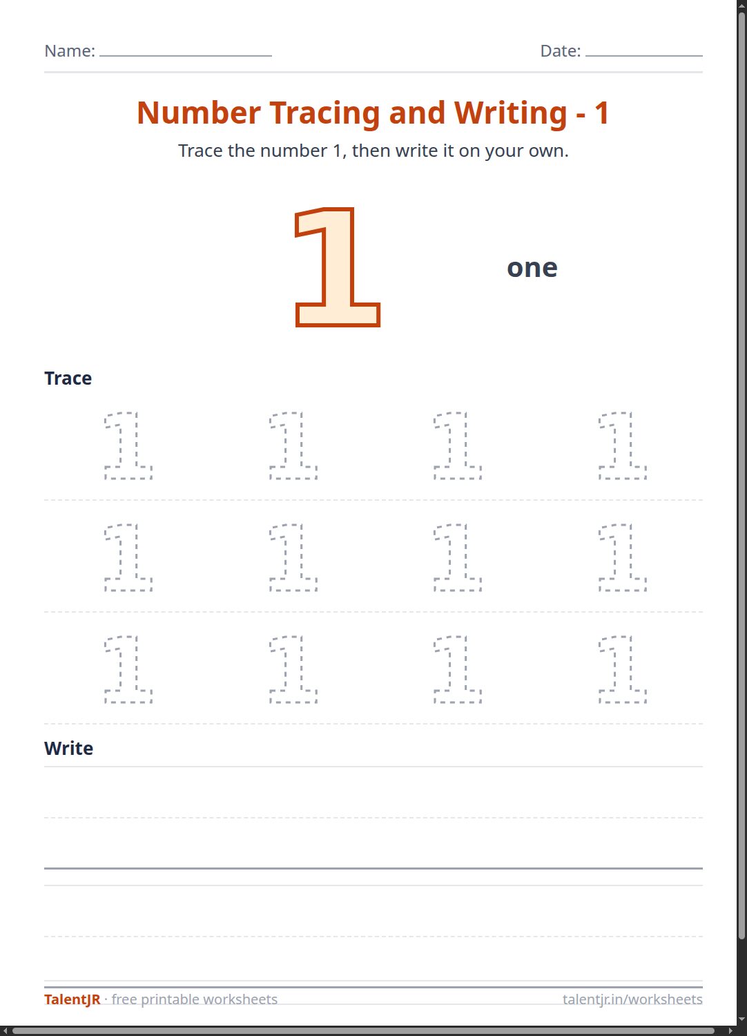 Math Worksheet: Number Tracing and Writing - 1 Worksheet