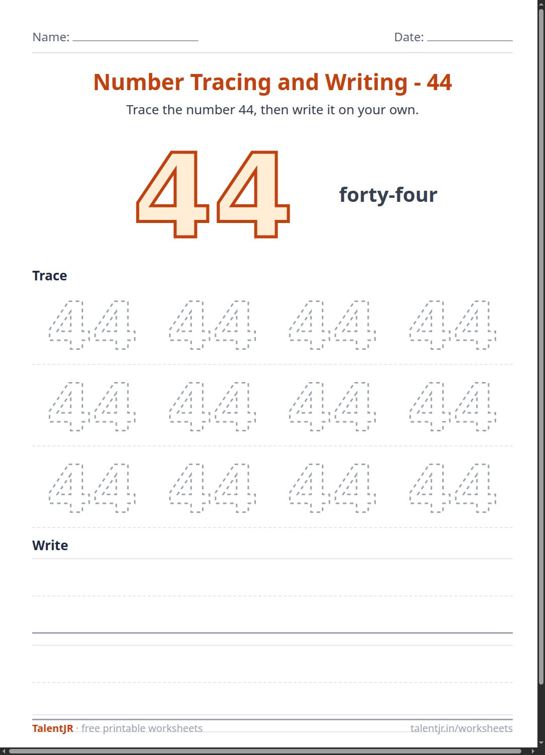 Math Worksheet: Number Tracing and Writing - 44 Worksheet
