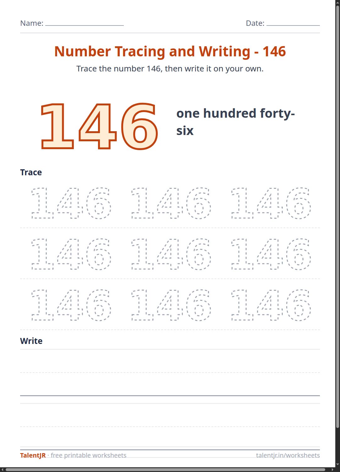 Math Worksheet: Number Tracing and Writing - 146 Worksheet