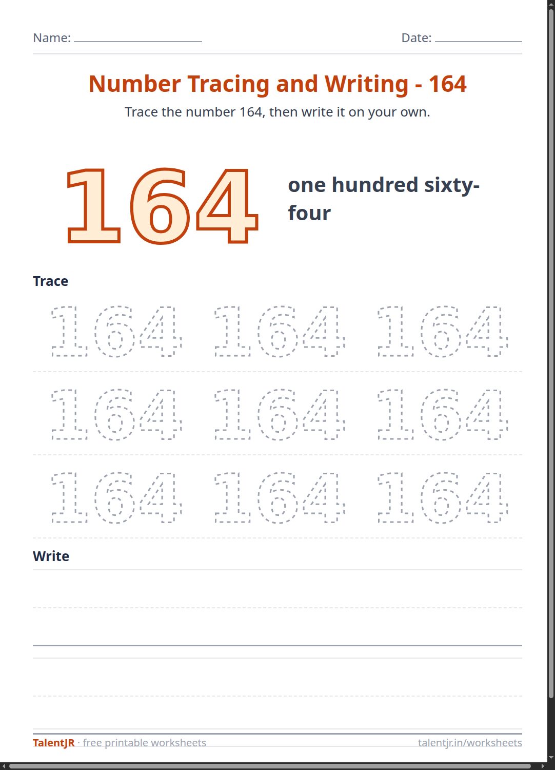 Math Worksheet: Number Tracing and Writing - 164 Worksheet