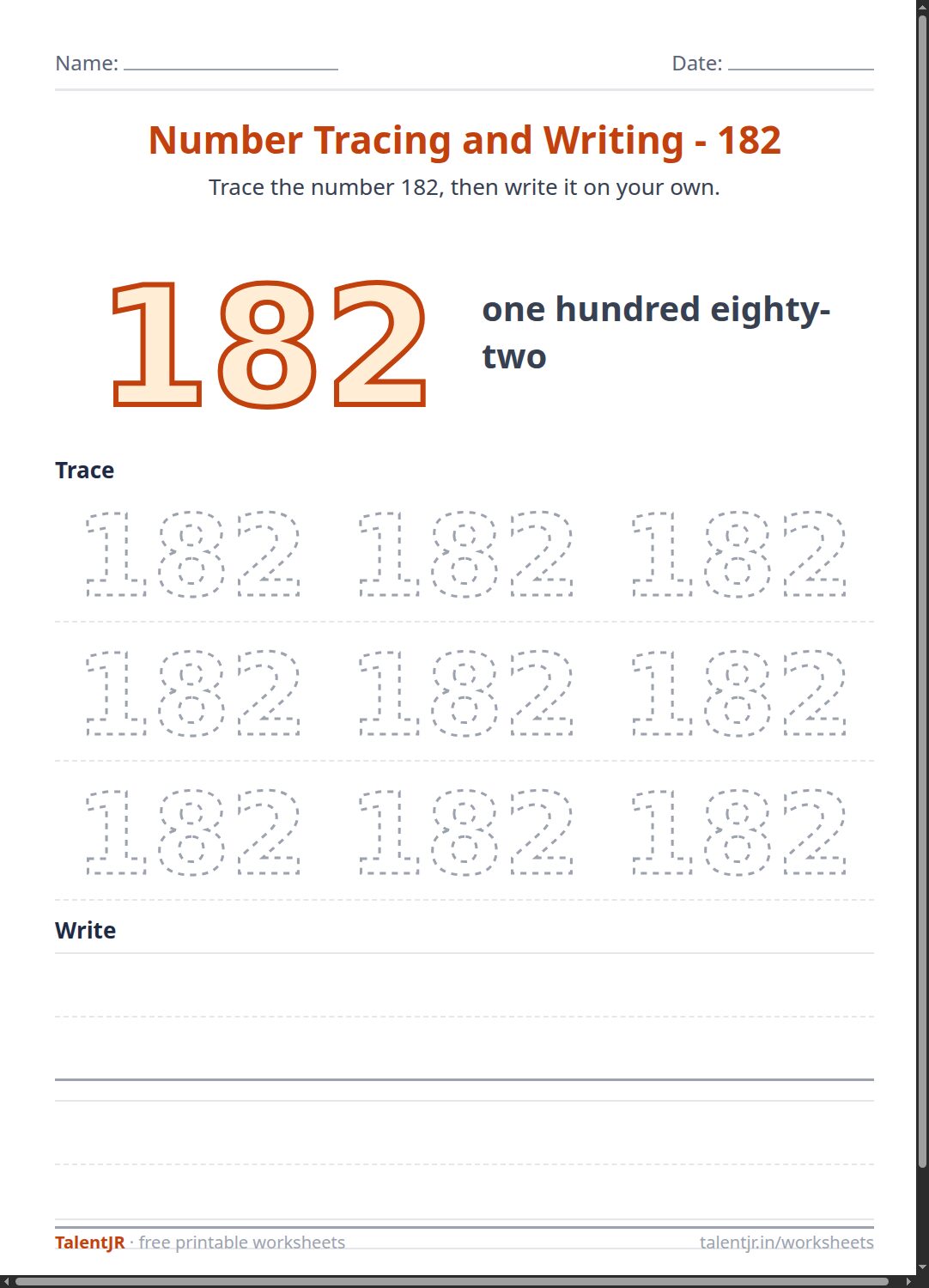 Math Worksheet: Number Tracing and Writing - 182 Worksheet