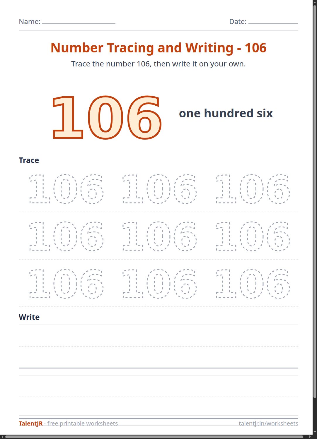 Math Worksheet: Number Tracing and Writing - 106 Worksheet