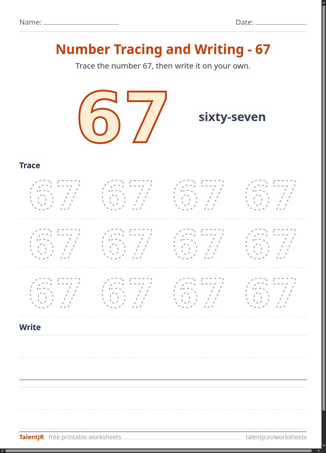 Math Worksheet: Number Tracing and Writing - 67 Worksheet