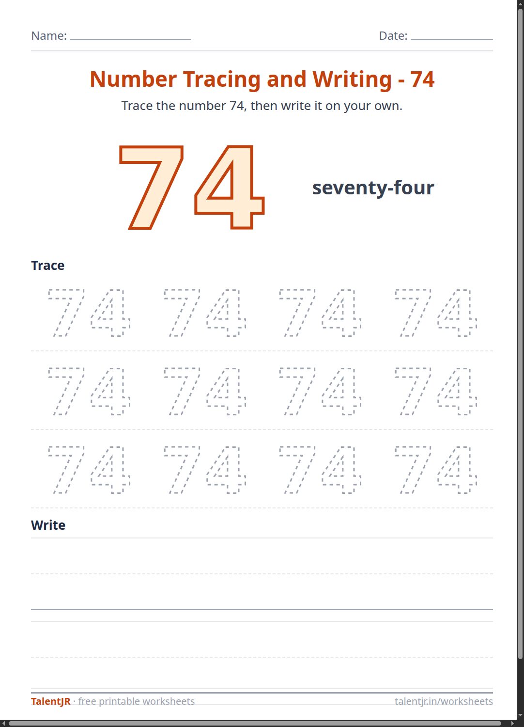 Math Worksheet: Number Tracing and Writing - 74 Worksheet