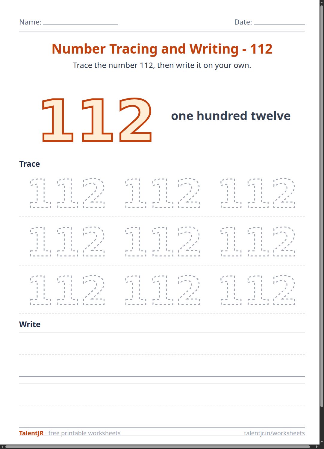 Math Worksheet: Number Tracing and Writing - 112 Worksheet