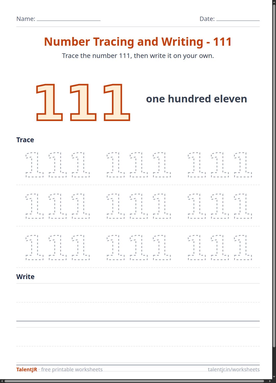 Math Worksheet: Number Tracing and Writing - 111 Worksheet