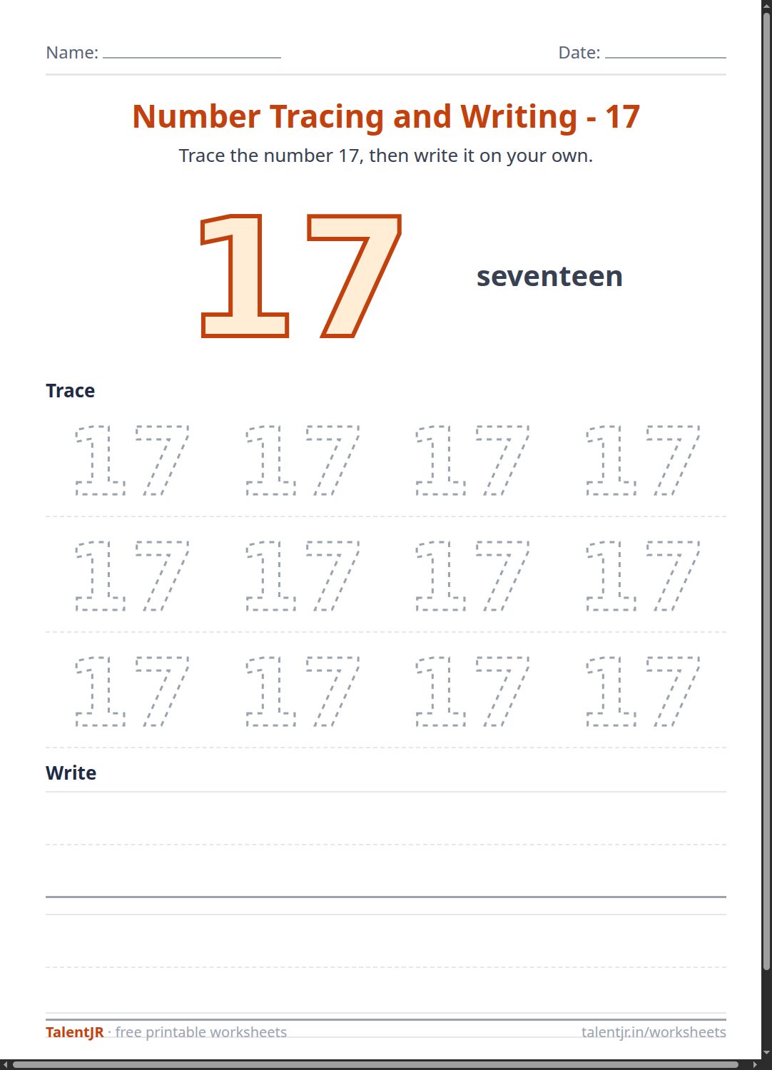 Math Worksheet: Number Tracing and Writing - 17 Worksheet