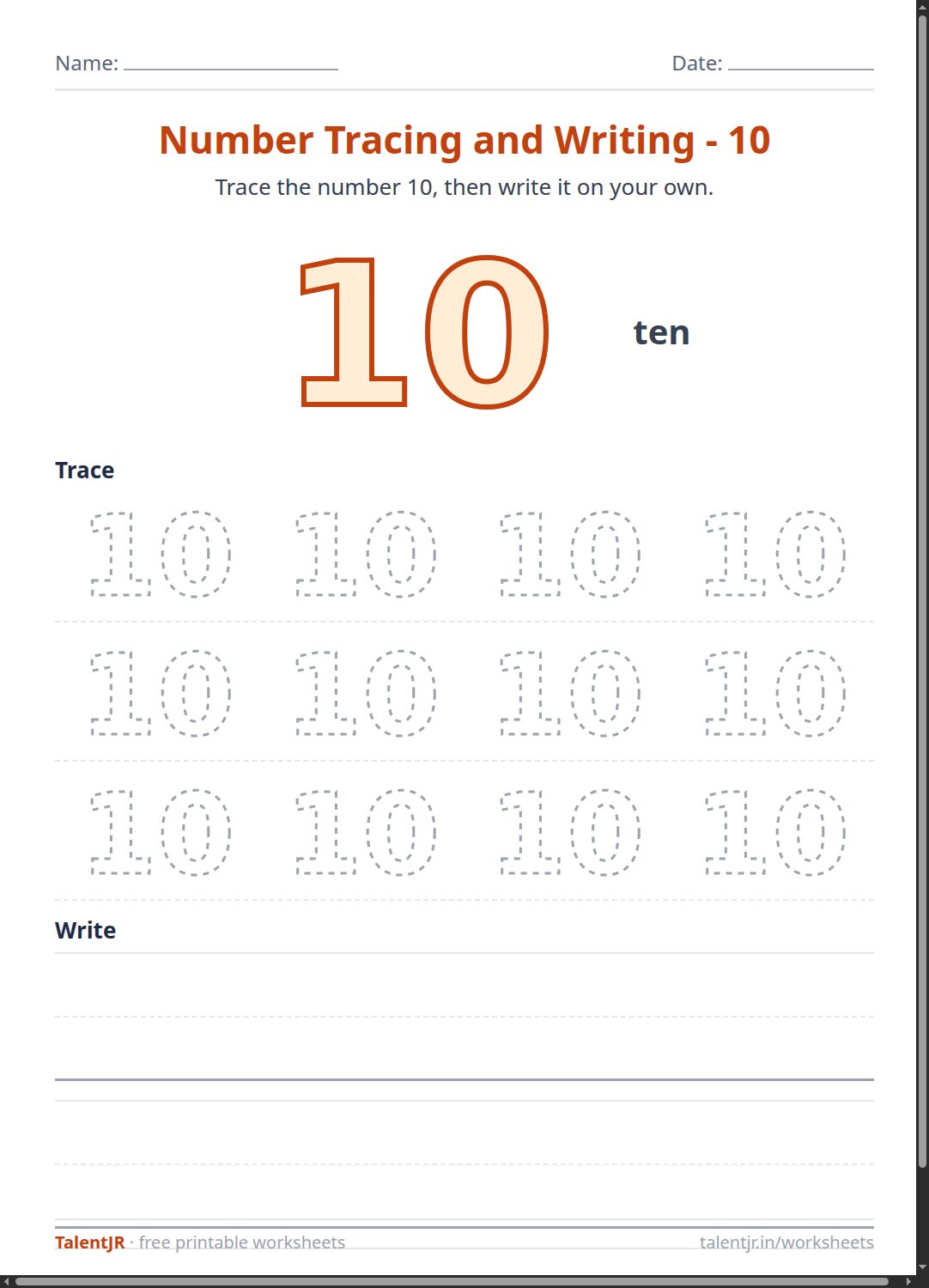 Math Worksheet: Number Tracing and Writing - 10 Worksheet