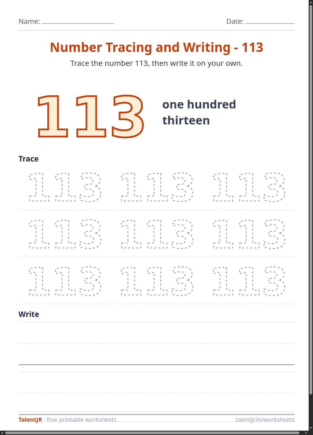 Math Worksheet: Number Tracing and Writing - 113 Worksheet
