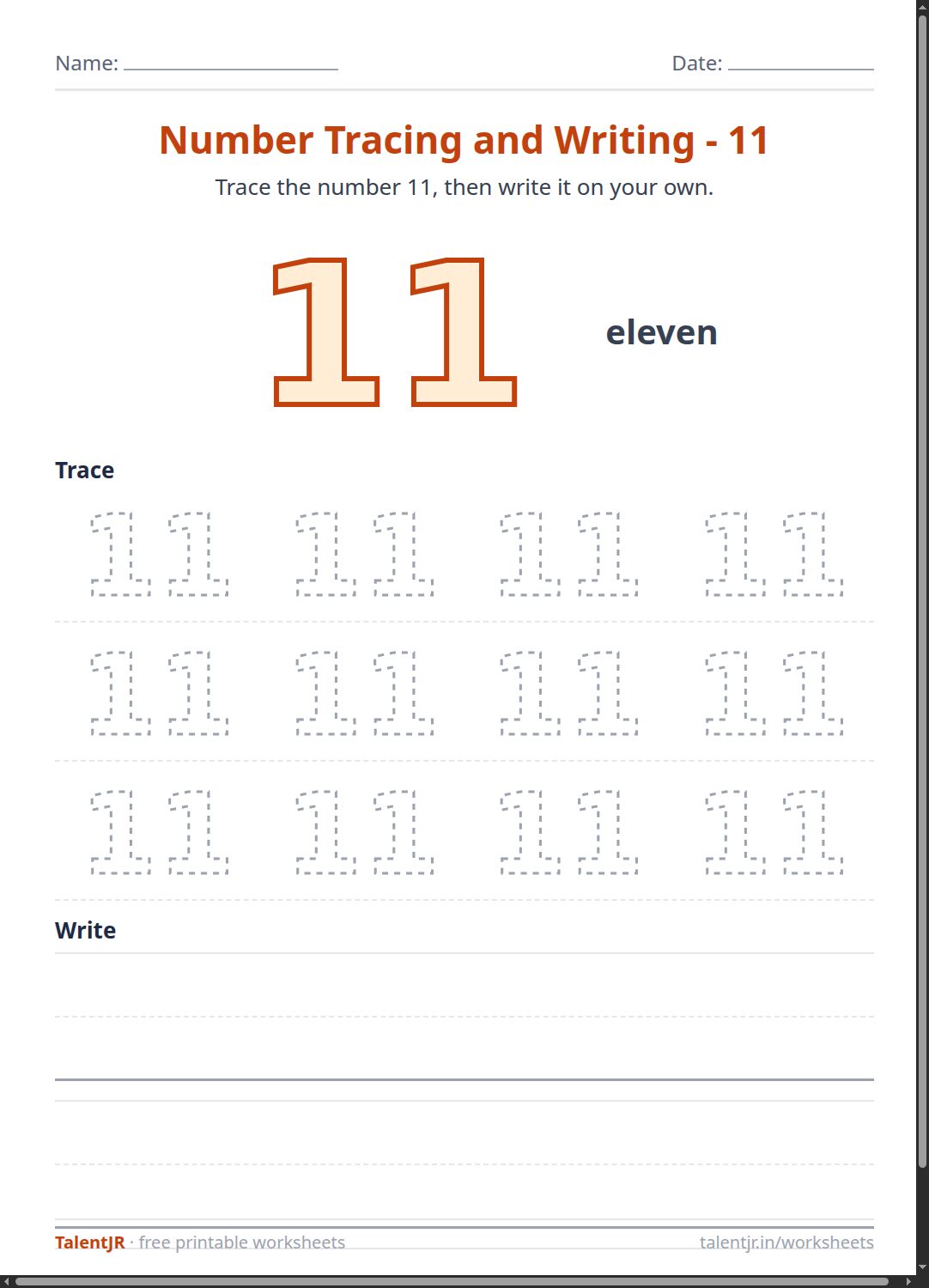 Math Worksheet: Number Tracing and Writing - 11 Worksheet