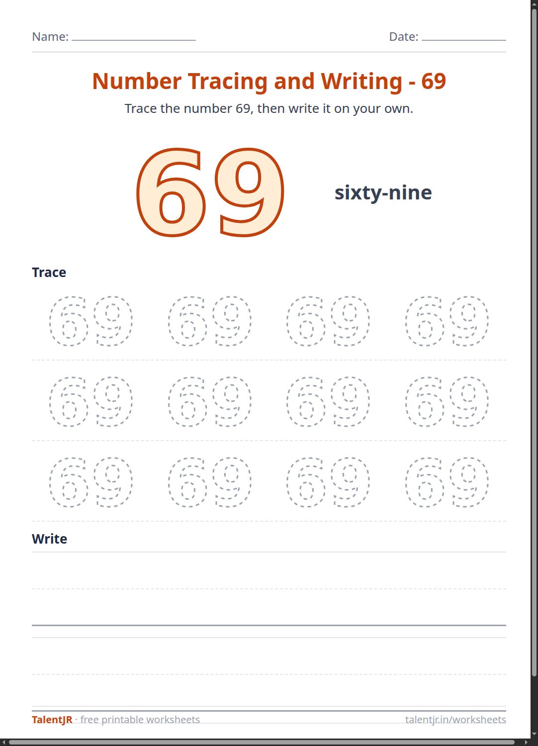 Math Worksheet: Number Tracing and Writing - 69 Worksheet