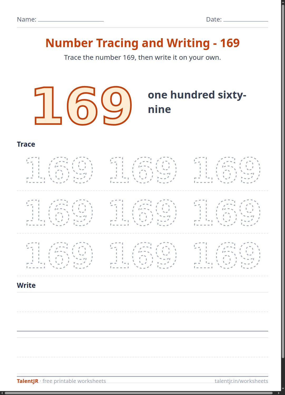 Math Worksheet: Number Tracing and Writing - 169 Worksheet