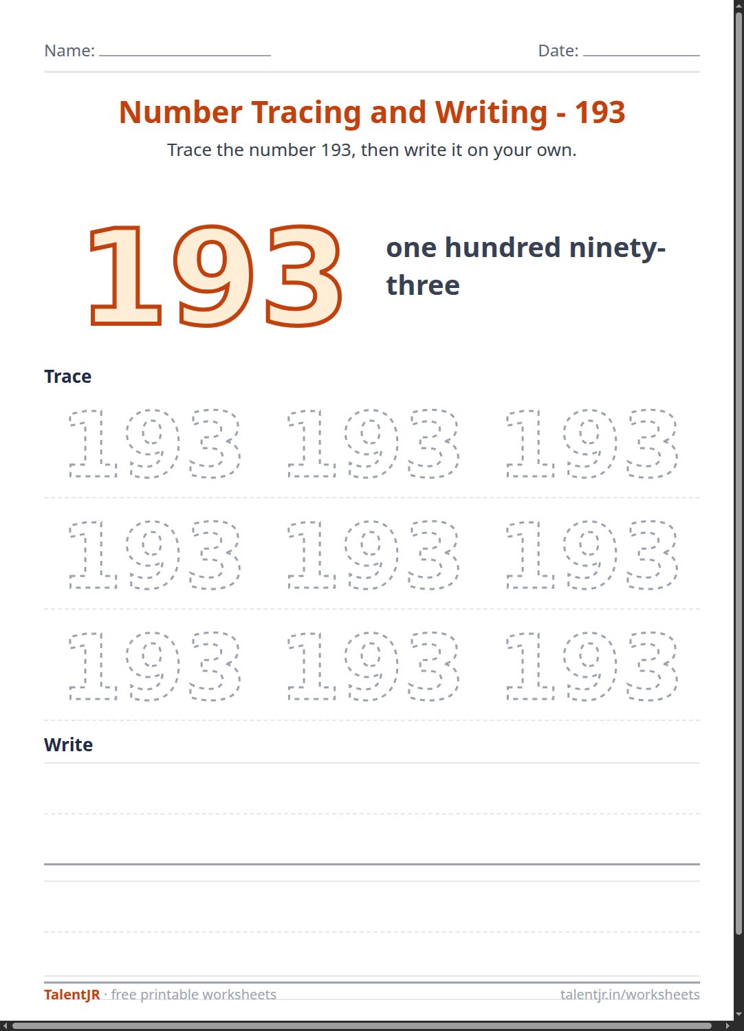 Math Worksheet: Number Tracing and Writing - 193 Worksheet