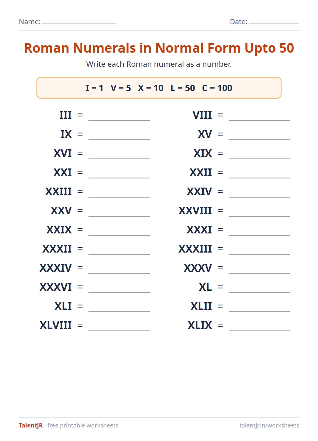 Math Worksheet: Roman Numerals in Normal Form Upto 50 Worksheet