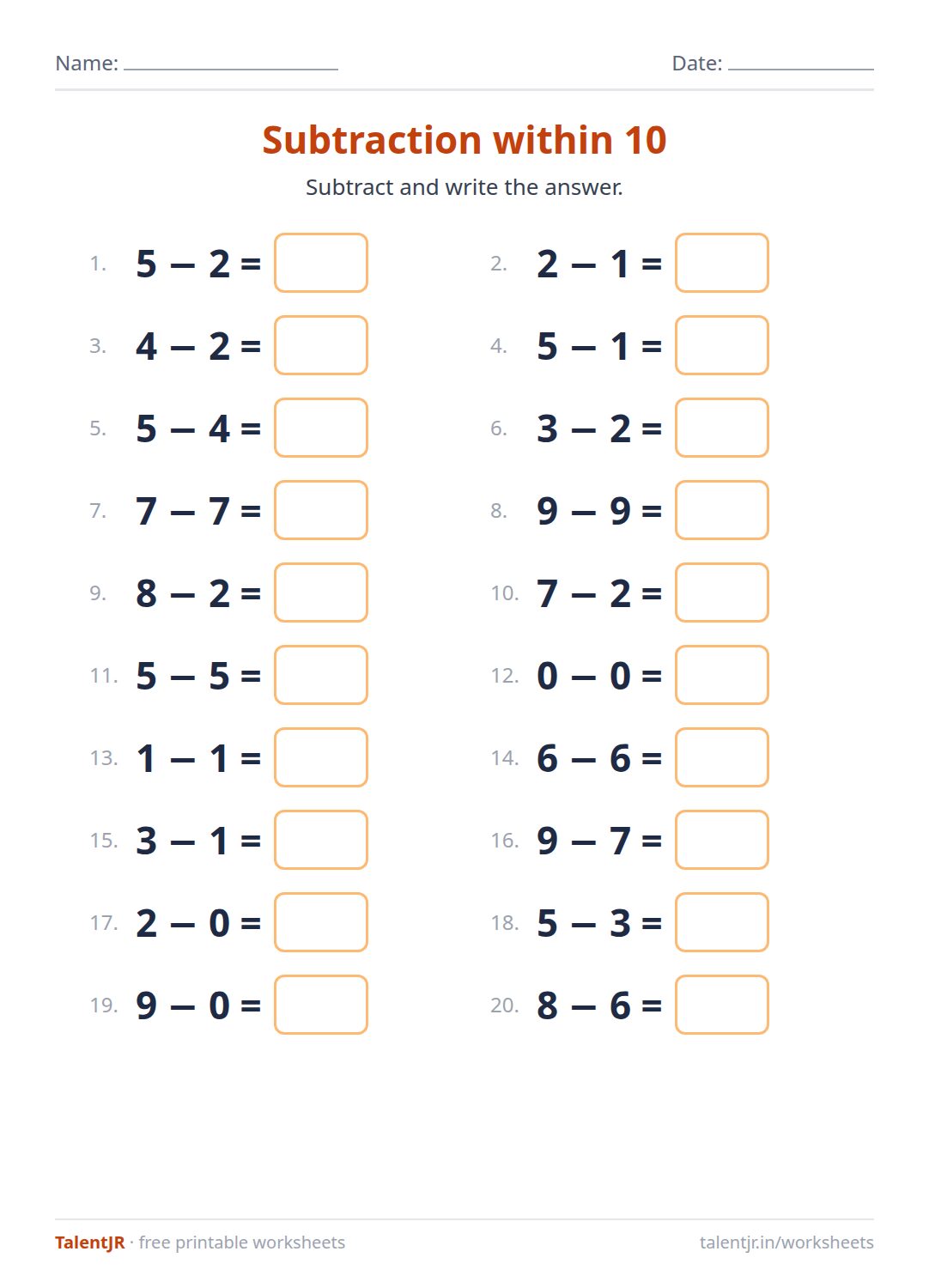 Math Worksheet: Subtraction within 10 Worksheet