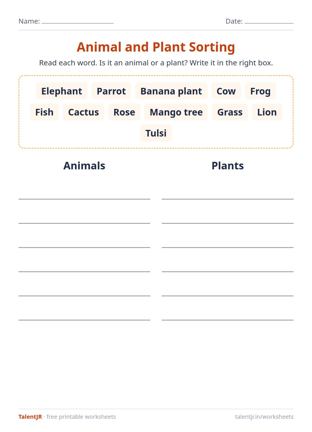 General Awareness Worksheet: Animal and Plant Sorting Worksheet