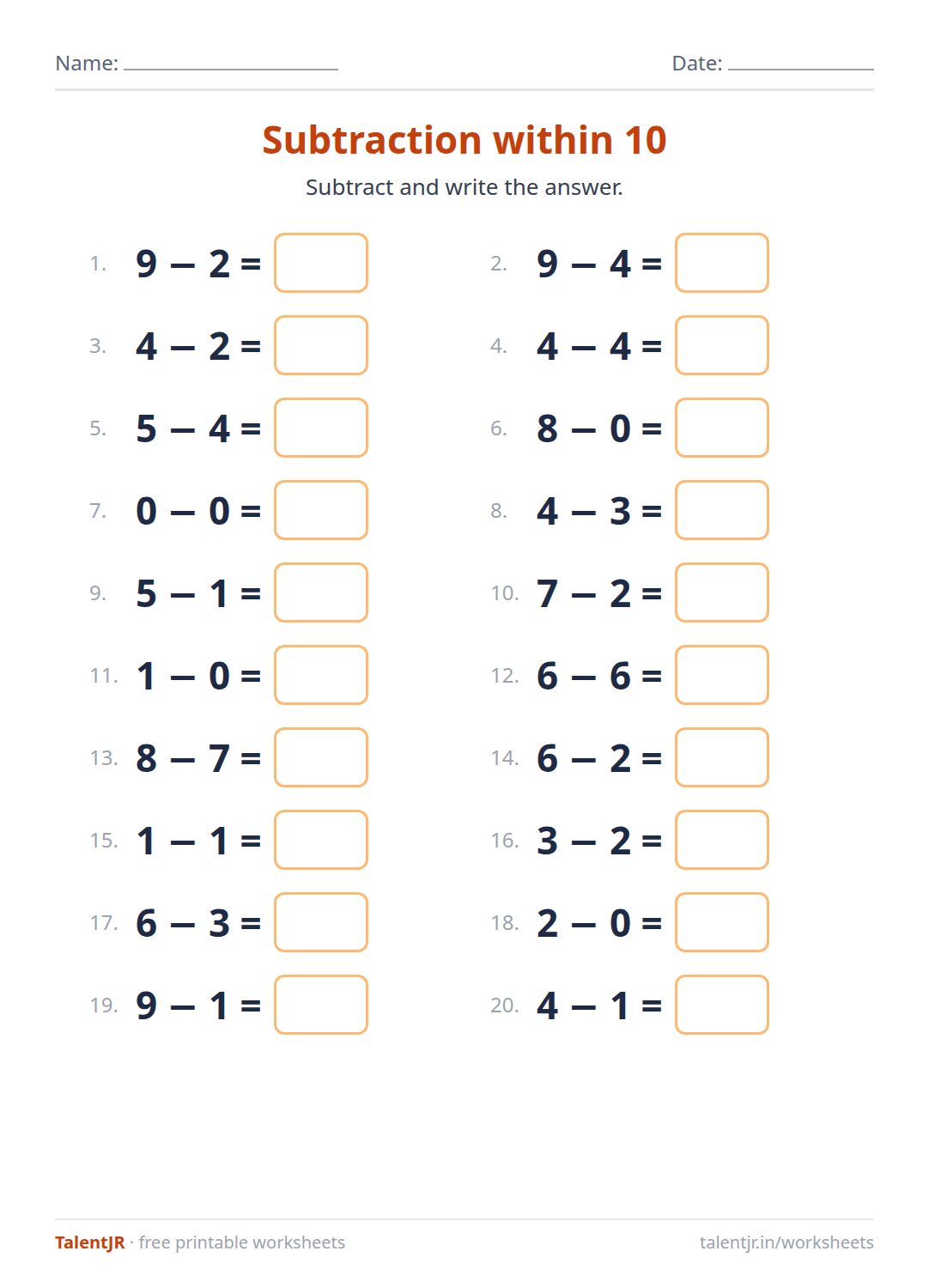 Math Worksheet: Subtraction within 10 Worksheet