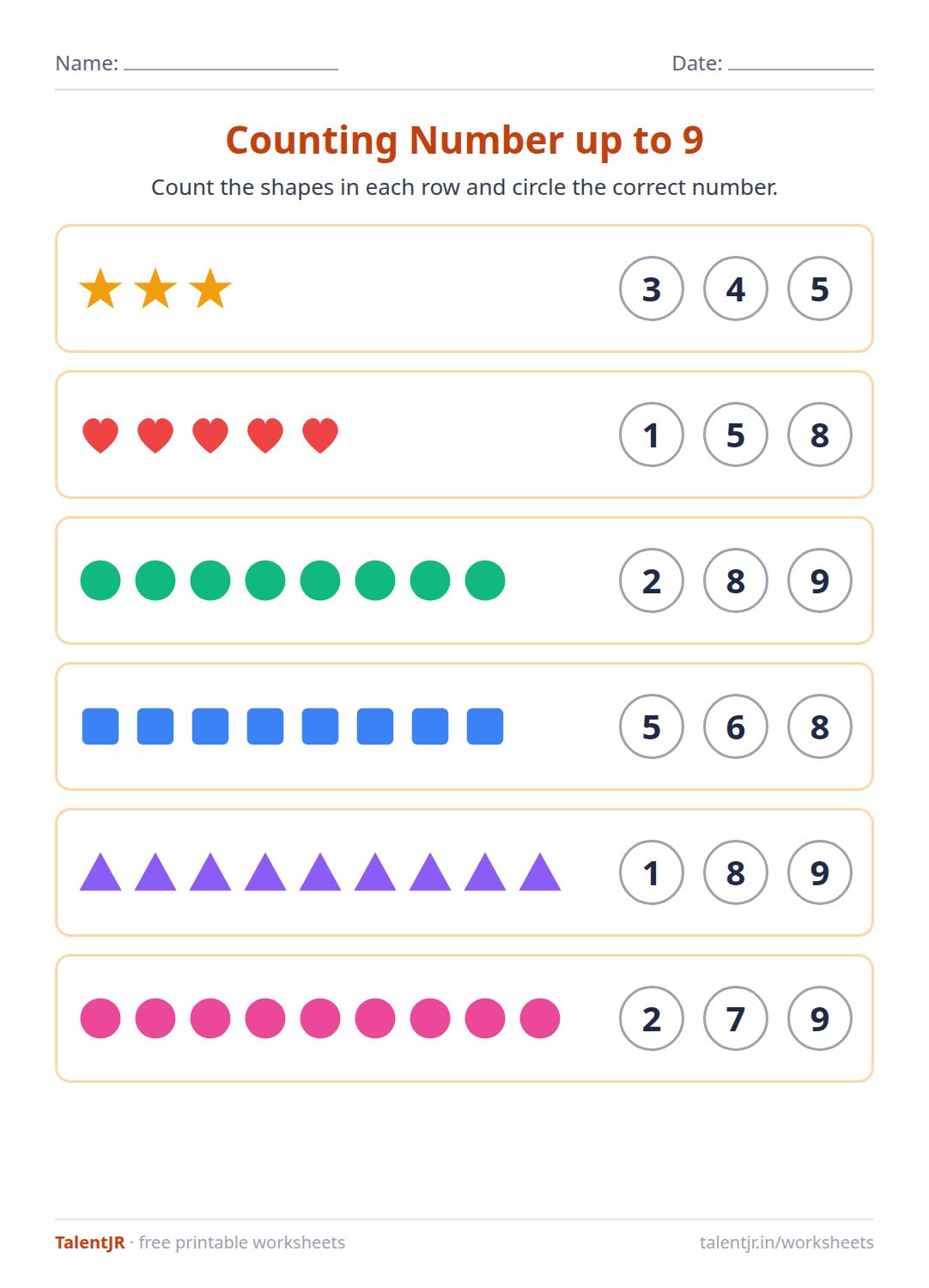 Math Worksheet: Counting Number up to 9 Worksheet