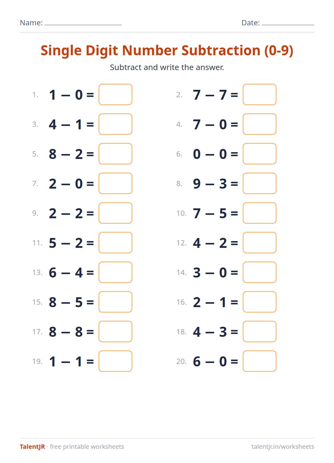 Math Worksheet: Single Digit Number Subtraction (0-9) Worksheet