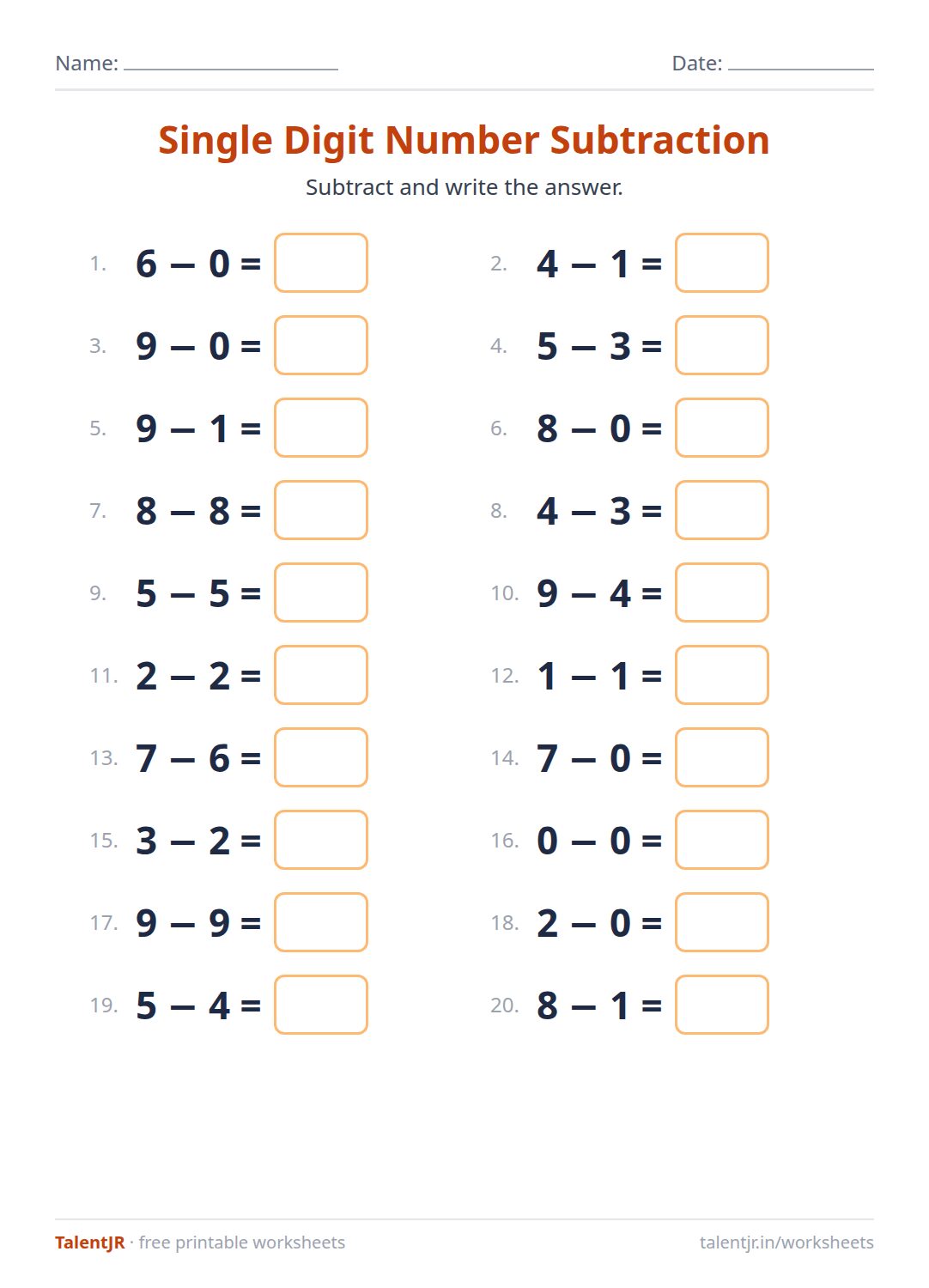 Math Worksheet: Single Digit Number Subtraction Worksheet